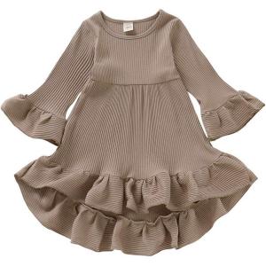 imageYOUNGER TREE Toddler Baby Girls Fall Clothing Solid Cotton Pit Irregular Skirt Winter Dress Long Sleeve Skirt OutfitsBrown