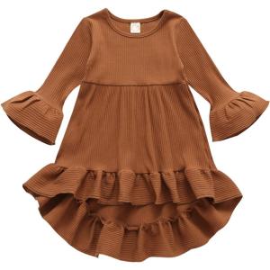 imageYOUNGER TREE Toddler Baby Girls Fall Clothing Solid Cotton Pit Irregular Skirt Winter Dress Long Sleeve Skirt OutfitsCaramel