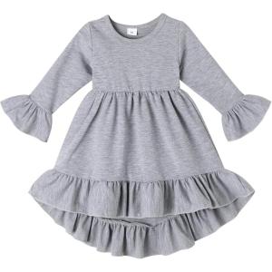 imageYOUNGER TREE Toddler Baby Girls Fall Clothing Solid Cotton Pit Irregular Skirt Winter Dress Long Sleeve Skirt OutfitsGray