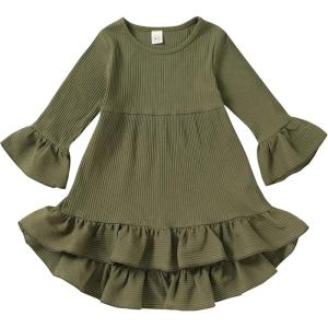imageYOUNGER TREE Toddler Baby Girls Fall Clothing Solid Cotton Pit Irregular Skirt Winter Dress Long Sleeve Skirt OutfitsGreen