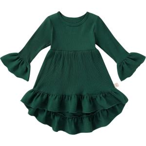 imageYOUNGER TREE Toddler Baby Girls Fall Clothing Solid Cotton Pit Irregular Skirt Winter Dress Long Sleeve Skirt OutfitsLarch Green