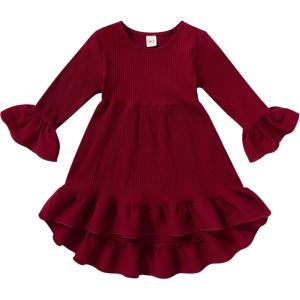 imageYOUNGER TREE Toddler Baby Girls Fall Clothing Solid Cotton Pit Irregular Skirt Winter Dress Long Sleeve Skirt OutfitsMaroon