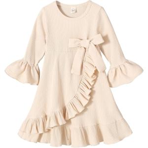 imageYOUNGER TREE Toddler Baby Girls Fall Clothing Solid Cotton Pit Irregular Skirt Winter Dress Long Sleeve Skirt OutfitsRufflebeige