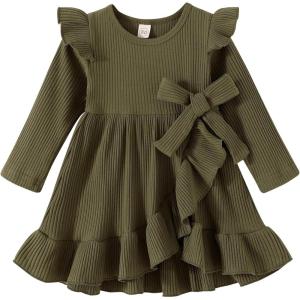 imageYOUNGER TREE Toddler Baby Girls Fall Clothing Solid Cotton Pit Irregular Skirt Winter Dress Long Sleeve Skirt OutfitsRufflegreen