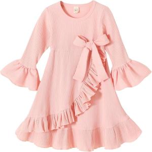 imageYOUNGER TREE Toddler Baby Girls Fall Clothing Solid Cotton Pit Irregular Skirt Winter Dress Long Sleeve Skirt OutfitsRufflepink