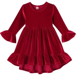 imageYOUNGER TREE Toddler Baby Girls Fall Clothing Solid Cotton Pit Irregular Skirt Winter Dress Long Sleeve Skirt OutfitsVelvet Red