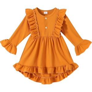 imageYOUNGER TREE Toddler Baby Girls Fall Clothing Solid Cotton Pit Irregular Skirt Winter Dress Long Sleeve Skirt OutfitsYellow Brown