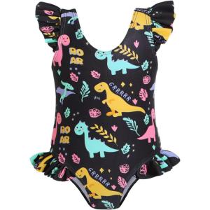 imageYOUNGER TREE Toddler Baby Girls Swimsuit Infant One Piece Bathing Suits Cute Dinosaur Beach Wear Sunsuit Ruffle SwimwearBlack