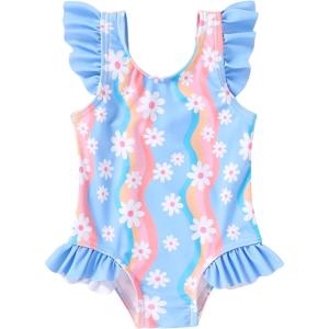 imageYOUNGER TREE Toddler Baby Girls Swimsuit Infant One Piece Bathing Suits Cute Dinosaur Beach Wear Sunsuit Ruffle SwimwearBlue and Colorful Flowers