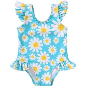 imageYOUNGER TREE Toddler Baby Girls Swimsuit Infant One Piece Bathing Suits Cute Dinosaur Beach Wear Sunsuit Ruffle SwimwearBluedaisy