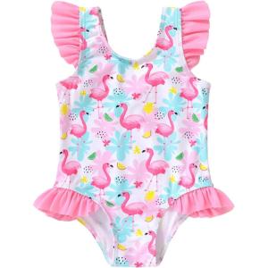 imageYOUNGER TREE Toddler Baby Girls Swimsuit Infant One Piece Bathing Suits Cute Dinosaur Beach Wear Sunsuit Ruffle SwimwearFlamingoruffles