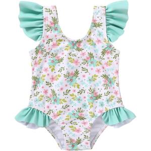imageYOUNGER TREE Toddler Baby Girls Swimsuit Infant One Piece Bathing Suits Cute Dinosaur Beach Wear Sunsuit Ruffle SwimwearGreen Pink Flowers