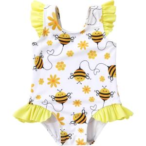 imageYOUNGER TREE Toddler Baby Girls Swimsuit Infant One Piece Bathing Suits Cute Dinosaur Beach Wear Sunsuit Ruffle SwimwearLittle Bee