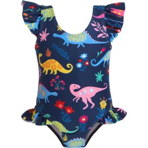 imageYOUNGER TREE Toddler Baby Girls Swimsuit Infant One Piece Bathing Suits Cute Dinosaur Beach Wear Sunsuit Ruffle SwimwearNavy Blue
