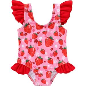 imageYOUNGER TREE Toddler Baby Girls Swimsuit Infant One Piece Bathing Suits Cute Dinosaur Beach Wear Sunsuit Ruffle SwimwearPink Strawberry