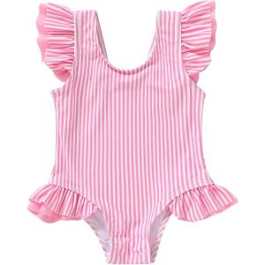 imageYOUNGER TREE Toddler Baby Girls Swimsuit Infant One Piece Bathing Suits Cute Dinosaur Beach Wear Sunsuit Ruffle SwimwearPink Stripesruffle