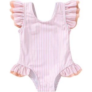 imageYOUNGER TREE Toddler Baby Girls Swimsuit Infant One Piece Bathing Suits Cute Dinosaur Beach Wear Sunsuit Ruffle SwimwearPink Stripesruffles