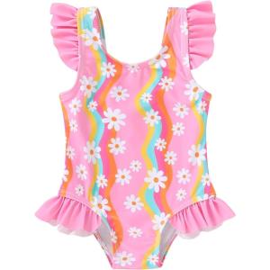 imageYOUNGER TREE Toddler Baby Girls Swimsuit Infant One Piece Bathing Suits Cute Dinosaur Beach Wear Sunsuit Ruffle SwimwearPink and Colorful Flowers