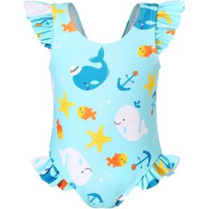 imageYOUNGER TREE Toddler Baby Girls Swimsuit Infant One Piece Bathing Suits Cute Dinosaur Beach Wear Sunsuit Ruffle SwimwearWhaleblue