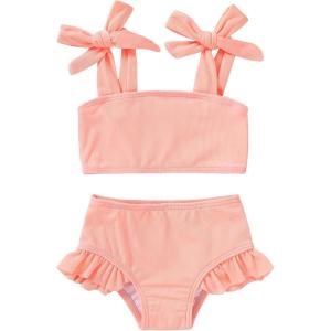 imageYOUNGER TREE Toddler Baby Girls Swimsuit Two Piece Solid Color Stripe Swimwear Summer Beach Bikini Bathing Suit 18M6TBright Peach