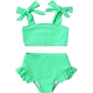 imageYOUNGER TREE Toddler Baby Girls Swimsuit Two Piece Solid Color Stripe Swimwear Summer Beach Bikini Bathing Suit 18M6TGreen