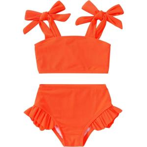 imageYOUNGER TREE Toddler Baby Girls Swimsuit Two Piece Solid Color Stripe Swimwear Summer Beach Bikini Bathing Suit 18M6TOrange