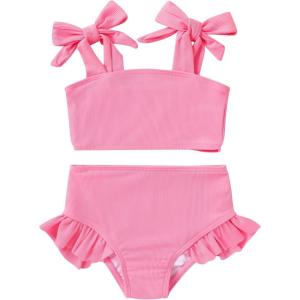 imageYOUNGER TREE Toddler Baby Girls Swimsuit Two Piece Solid Color Stripe Swimwear Summer Beach Bikini Bathing Suit 18M6TPink
