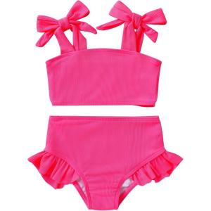 imageYOUNGER TREE Toddler Baby Girls Swimsuit Two Piece Solid Color Stripe Swimwear Summer Beach Bikini Bathing Suit 18M6TRose Red