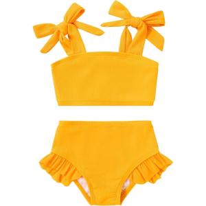 imageYOUNGER TREE Toddler Baby Girls Swimsuit Two Piece Solid Color Stripe Swimwear Summer Beach Bikini Bathing Suit 18M6TYellow