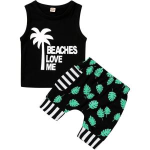 imageYOUNGER TREE Toddler Baby boy summer clothes Beaches Love Me Sleeveless Vest TopsShorts Kid Casual outfitsGreen