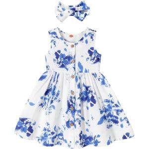 imageYOUNGER TREE Toddler Dresses Lemon Baby Girls Pineapple Fruit Dress Outfit Summer Girl Dress Spring SundressWhite Blue Floral