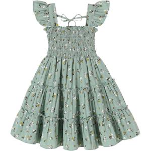 imageYOUNGER TREE Toddler Girl Dress Baby Girls Summer Clothes Ruffle Sleeve Floral Smock Beach Boho Dresses SundressGreen Floral