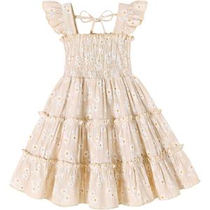 imageYOUNGER TREE Toddler Girl Dress Baby Girls Summer Clothes Ruffle Sleeve Floral Smock Beach Boho Dresses SundressKhaki Dress White Floral