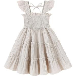 imageYOUNGER TREE Toddler Girl Dress Baby Girls Summer Clothes Ruffle Sleeve Floral Smock Beach Boho Dresses SundressKhaki Stripe