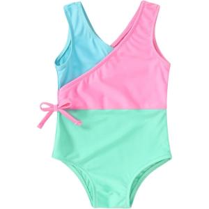 imageYOUNGER TREE Toddler Girl One Piece Swimsuit Color Block Stripe Swimwear Summer Beach Bathing Suit 12M5TBright Green1