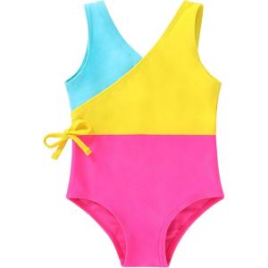 imageYOUNGER TREE Toddler Girl One Piece Swimsuit Color Block Stripe Swimwear Summer Beach Bathing Suit 12M5TBright Yellow Candy Color Block
