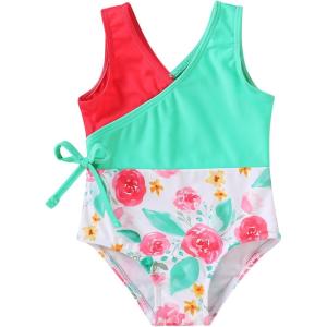 imageYOUNGER TREE Toddler Girl One Piece Swimsuit Color Block Stripe Swimwear Summer Beach Bathing Suit 12M5TGreen Pink Flower