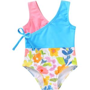 imageYOUNGER TREE Toddler Girl One Piece Swimsuit Color Block Stripe Swimwear Summer Beach Bathing Suit 12M5TLake Blue Flowers