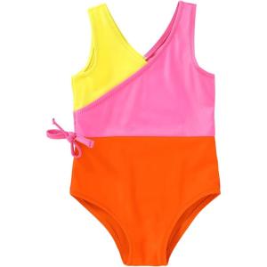 imageYOUNGER TREE Toddler Girl One Piece Swimsuit Color Block Stripe Swimwear Summer Beach Bathing Suit 12M5TOrange Pink