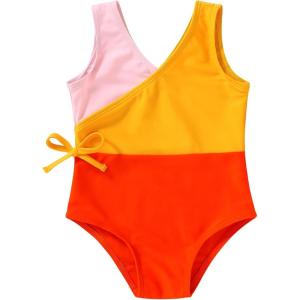 imageYOUNGER TREE Toddler Girl One Piece Swimsuit Color Block Stripe Swimwear Summer Beach Bathing Suit 12M5TPink Yellow Orange Color Block