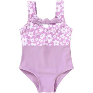 imageYOUNGER TREE Toddler Girl One Piece Swimsuit Color Block Stripe Swimwear Summer Beach Bathing Suit 12M5TPurple Flowersbowknot