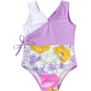 imageYOUNGER TREE Toddler Girl One Piece Swimsuit Color Block Stripe Swimwear Summer Beach Bathing Suit 12M5TPurple and Yellow Flowers