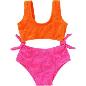 imageYOUNGER TREE Toddler Girl One Piece Swimsuit Color Block Stripe Swimwear Summer Beach Bathing Suit 12M5TWrinkle Fabric Orange Pink Color Block