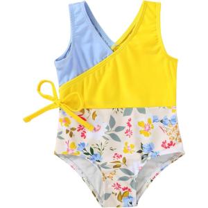 imageYOUNGER TREE Toddler Girl One Piece Swimsuit Color Block Stripe Swimwear Summer Beach Bathing Suit 12M5TYellow Blue Flower