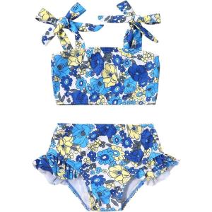 imageYOUNGER TREE Toddler Girls Two Pieces Swimsuit Color Block Stripe Swimwear Summer Beach Bathing Suit 18M5TBlue Flower