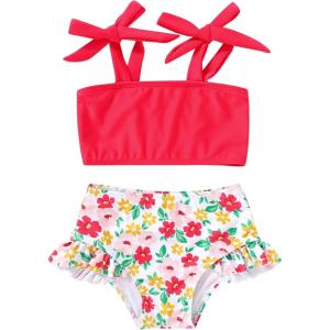 imageYOUNGER TREE Toddler Girls Two Pieces Swimsuit Color Block Stripe Swimwear Summer Beach Bathing Suit 18M5TRedflower2
