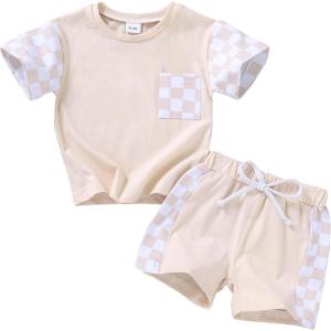 imageYOUNGER TREE Toddler Infant Baby Girls Summer Outfits Leopard Print Short Sleeve Pocket TShirt Tops Pants Clothes SetsApricot Checkerboard