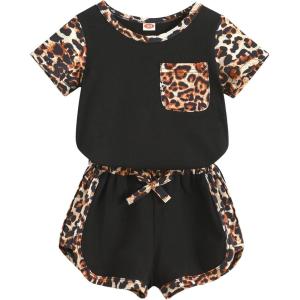 imageYOUNGER TREE Toddler Infant Baby Girls Summer Outfits Leopard Print Short Sleeve Pocket TShirt Tops Pants Clothes SetsBlack