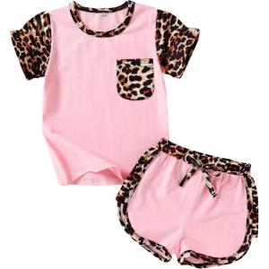 imageYOUNGER TREE Toddler Infant Baby Girls Summer Outfits Leopard Print Short Sleeve Pocket TShirt Tops Pants Clothes SetsPink