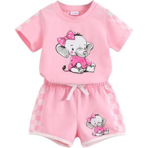 imageYOUNGER TREE Toddler Infant Baby Girls Summer Outfits Leopard Print Short Sleeve Pocket TShirt Tops Pants Clothes SetsPink Elephant